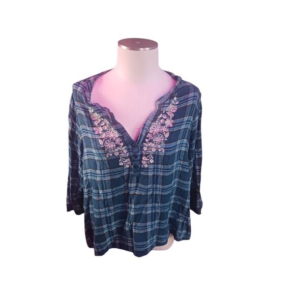The pioneer woman Plaid Embroidered floral plus size 3/4 sleeve Forestcore - Picture 1 of 3